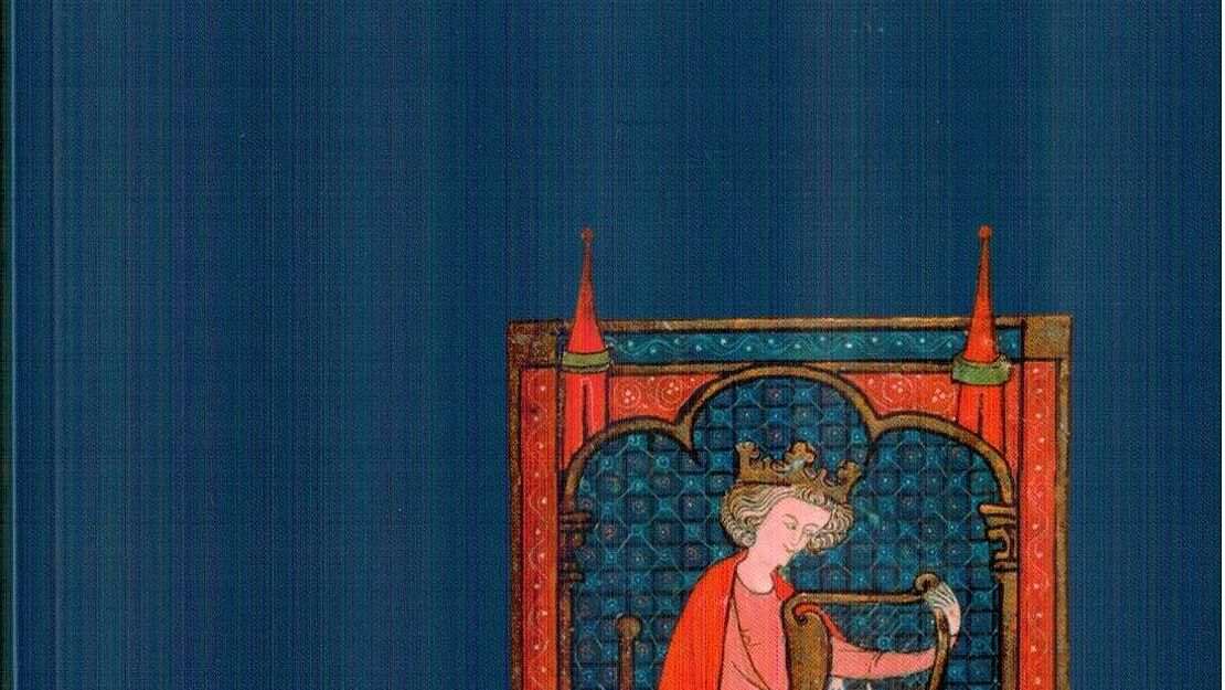 Dunkelblaue Titelseite des Buches "Die Psalmen zum Betrachten, Studieren und Vorlesen" von Andreas Ruwe, in der unteren Hälfte rechts eine mittelalterliche König-David-Miniatur