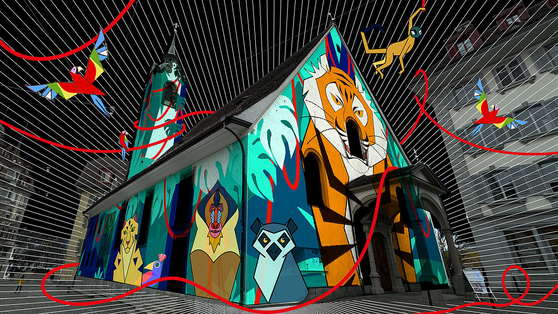 Animierte Comictiere auf der Fassade der Luzerner Peterskapelle
