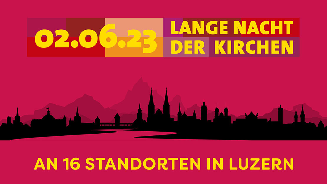 Logo der "Langen Nacht der Kirchen" - schwarze Silhouette der Stadt Luzern vor rotem Hintergrund